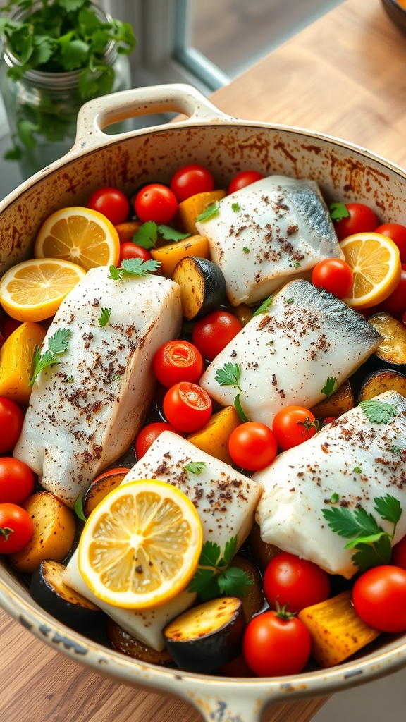 One-pan lemon garlic fish dinner with vegetables, garnished with parsley and lemon.